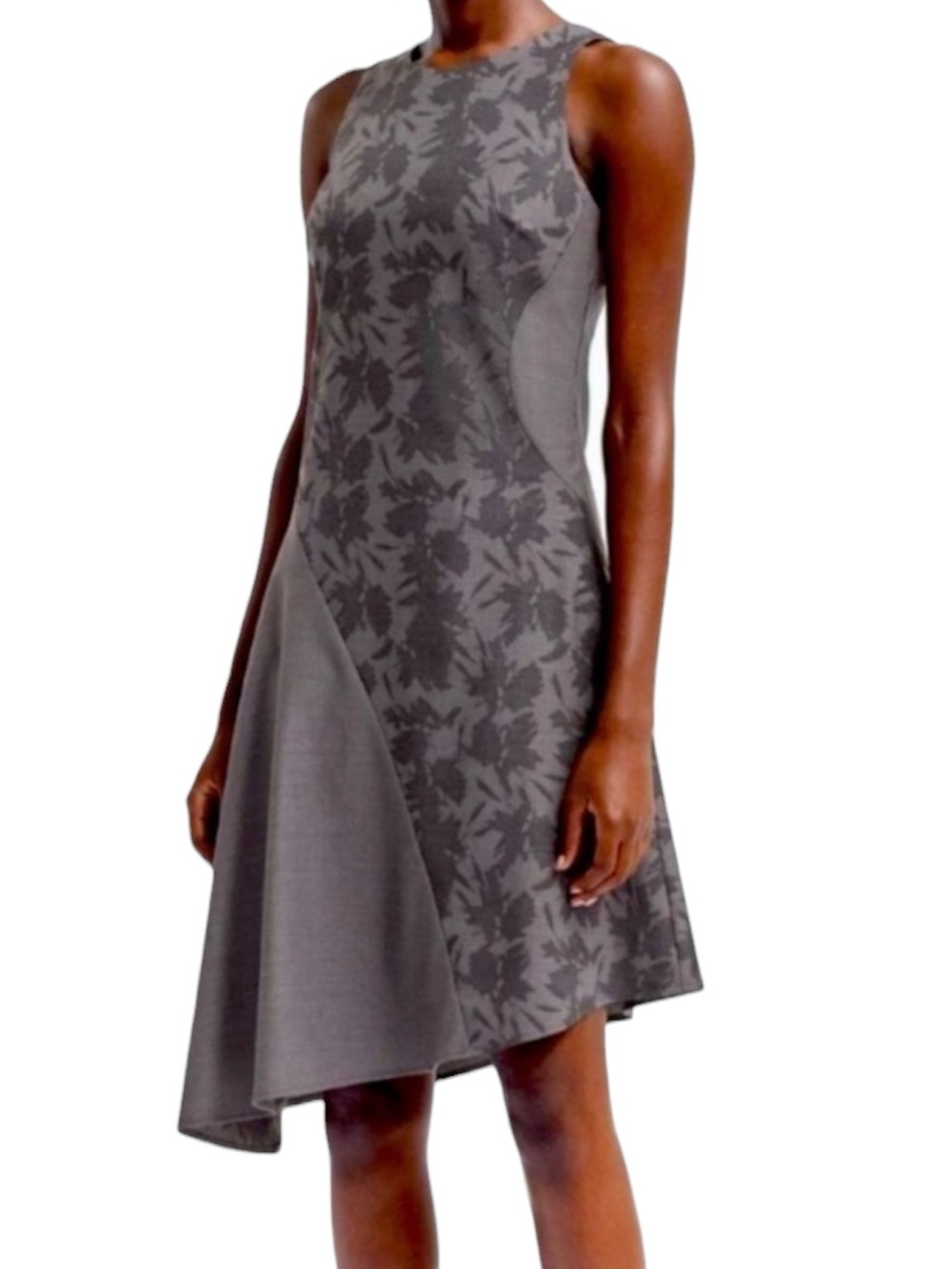Banana Republic Sheath Dress Asymmetrical Hem Sleeveless Gray Tonal Floral Print